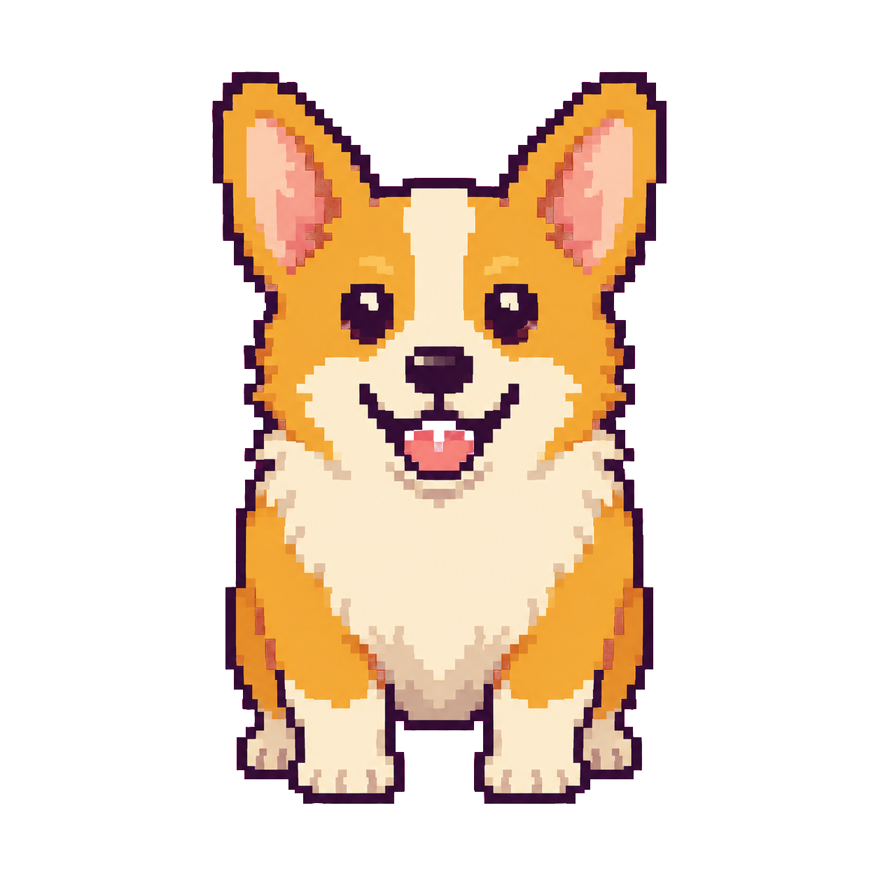 Eyo, a pixel-art corgi, facing forward